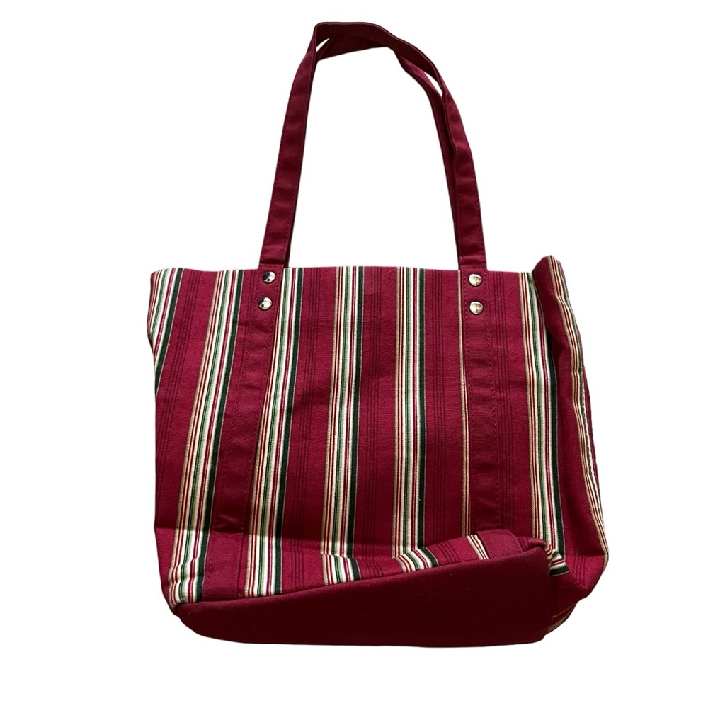 Longaberger Small Tote Purse Bag Red Tan Green Vertical Stripe Collectors - Picture 9 of 14
